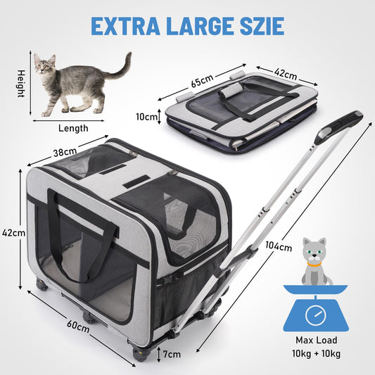 FASNATI Extra Large Cat Carrier for 2 cats up to 20kg, Foldable carriers for 2 cats with wheels, Large cat carrier for walks/camping, Grey.