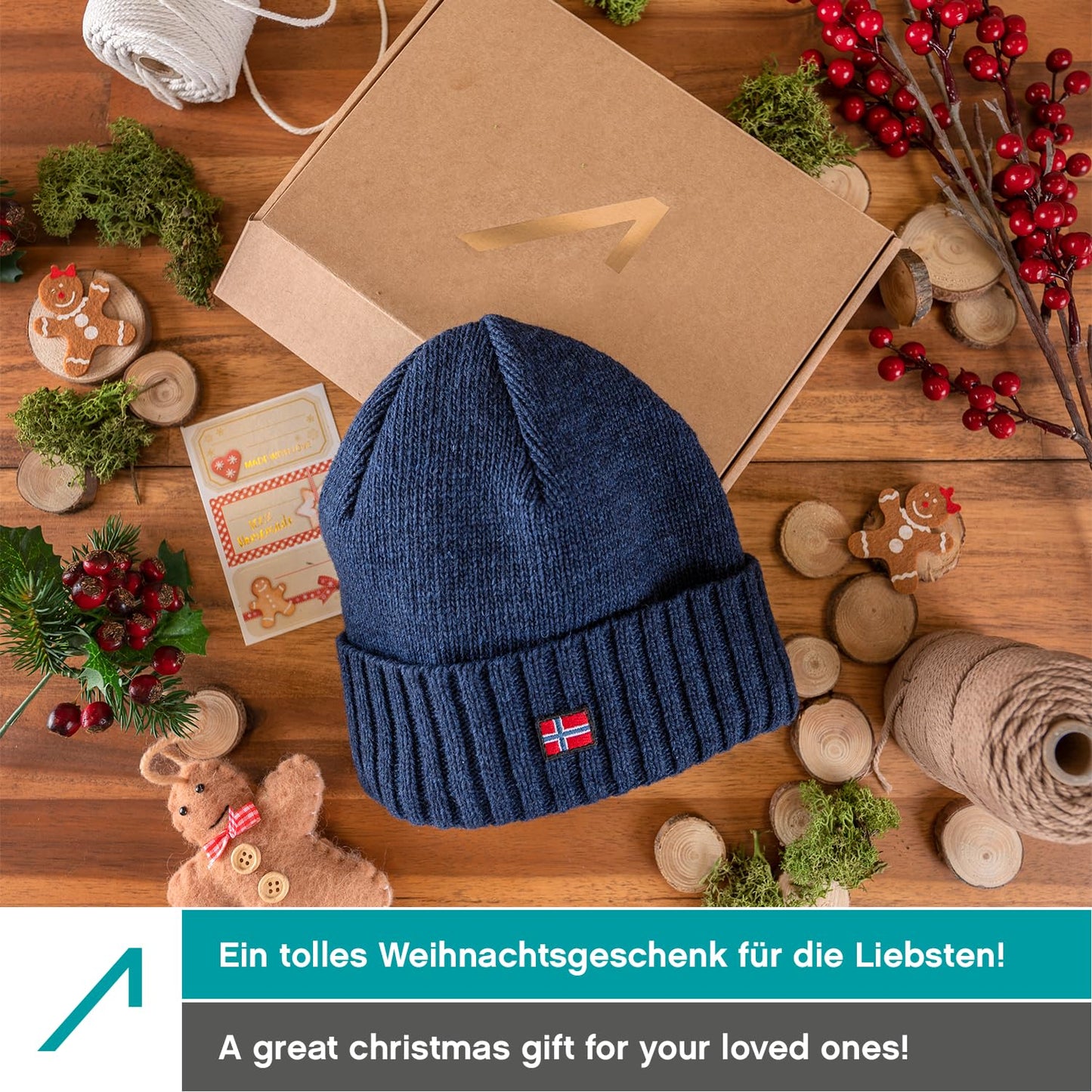ACE Norway winter hat made from sheep wool - warm knit hat for women & men - soft woolen hat for adults - dark blue