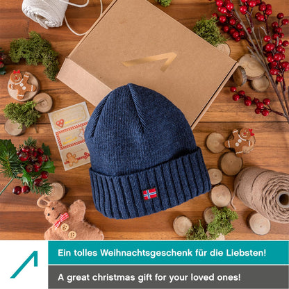 ACE Norway winter hat made from sheep wool - warm knit hat for women & men - soft woolen hat for adults - dark blue