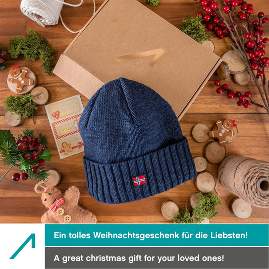 ACE Norway winter hat made from sheep wool - warm knit hat for women & men - soft woolen hat for adults - dark blue