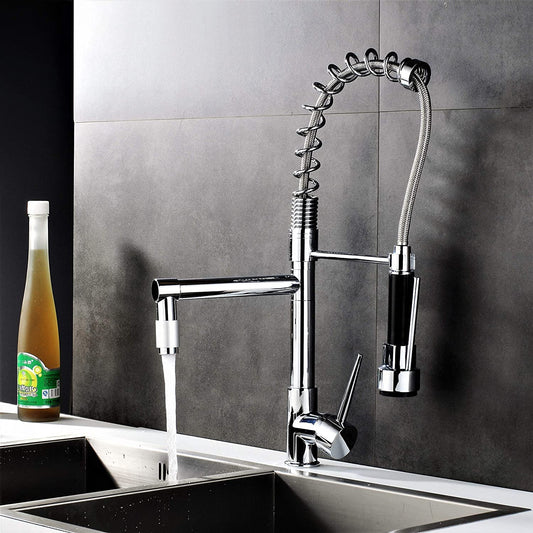 Professional kitchen sink faucet mixer tap with pull-out spring spray in chrome color.