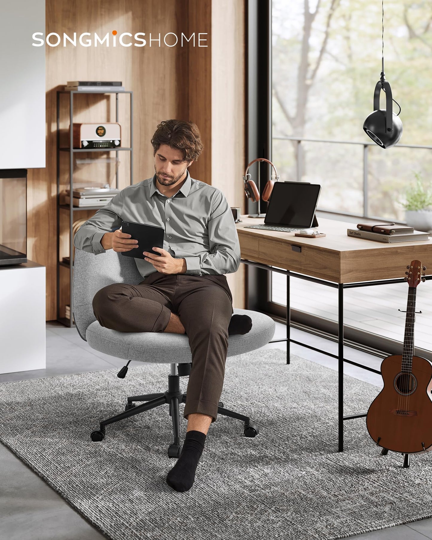 SONGMICS HOME Sewing Chair, Vanity Chair, Swivel Chair without Armrests, Office Chair, wide seat, modern design, with base, adjustable height, rocking function, Dove Gray OBG047G01