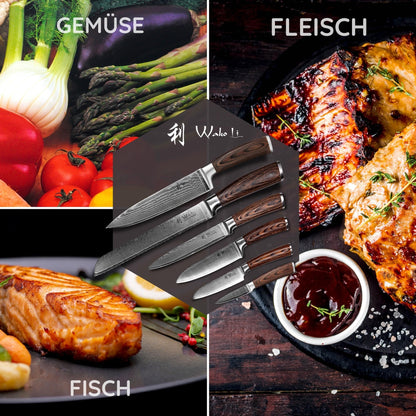 Wakoli EDIB 6-piece damascus knife set I Sharp kitchen knife set made of 67 layers of damascus steel with VG10 core & pakka wood handle I Chef's knife set in gift box I precise cutting & long-lasting sharpness