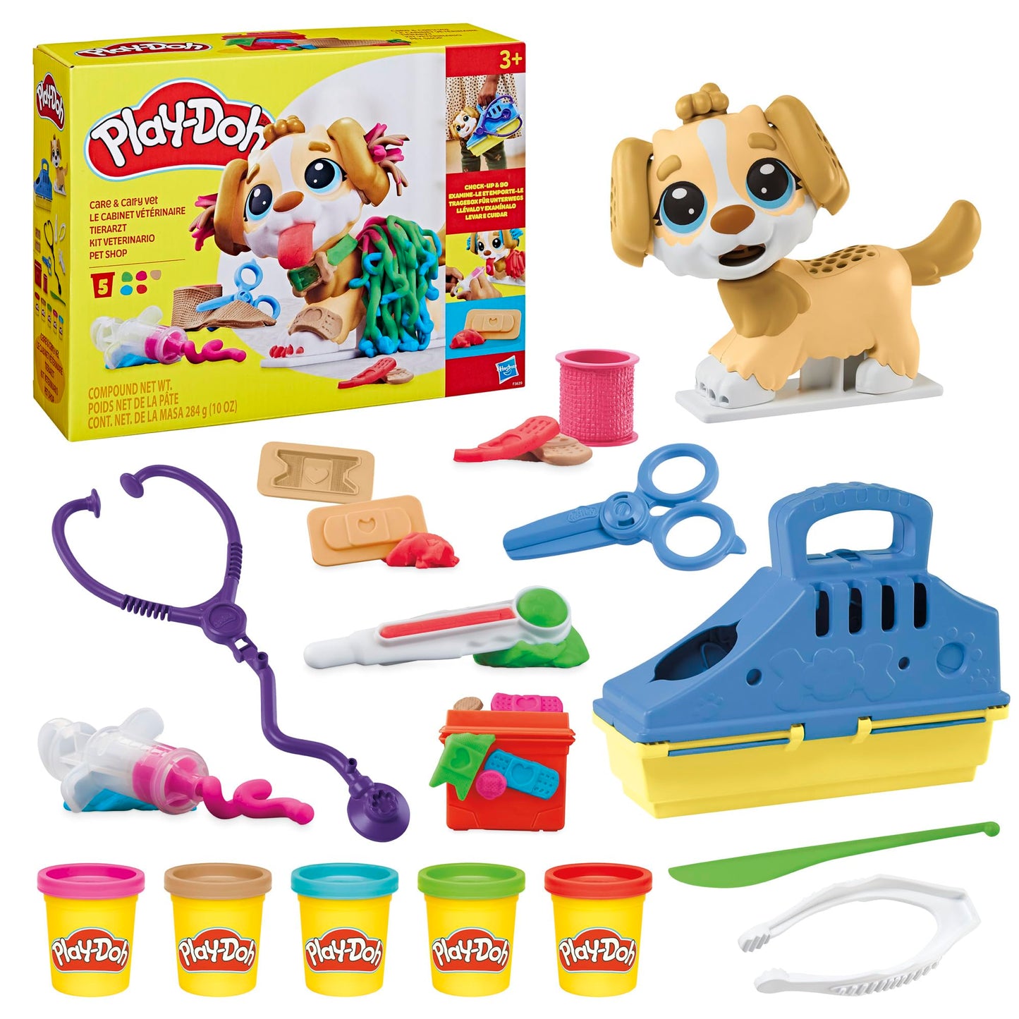 Play-Doh Veterinarian Playset with toy dog, carry case, and many accessories, 10 tools and 5X modeling compound in colorful shades, creative fun for kids ages 2 and up.