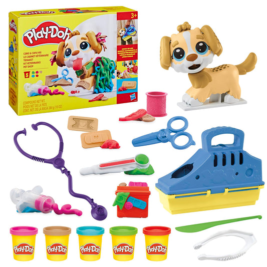 Play-Doh Veterinarian Playset with toy dog, carry case, and many accessories, 10 tools and 5X modeling compound in colorful shades, creative fun for kids ages 2 and up.
