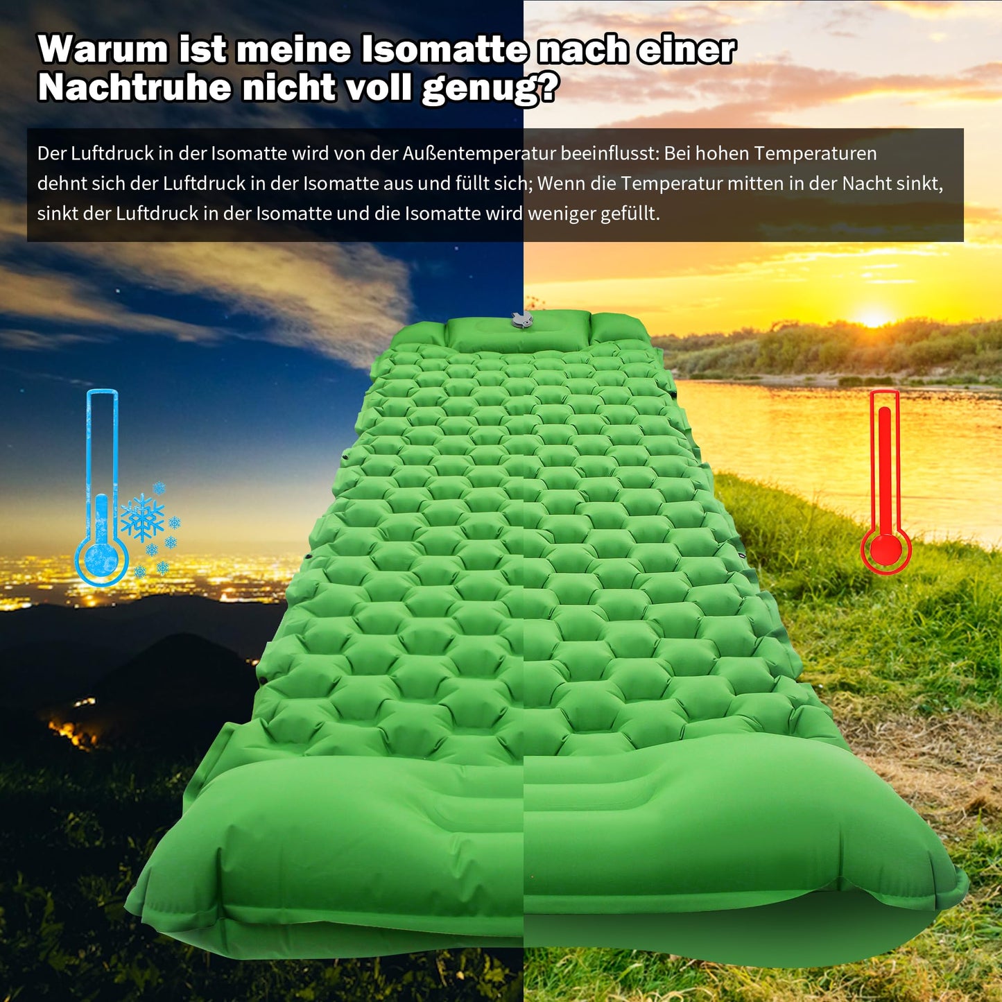 STURME Camping Mat Self Inflating Sleeping Pad with Foot Pump, Outdoor Inflatable Air Mattress Ultralight Sleeping Pad, Durable Mattress, Foldable Sleeping Mat with Pillow for Hiking, Outdoor - Green