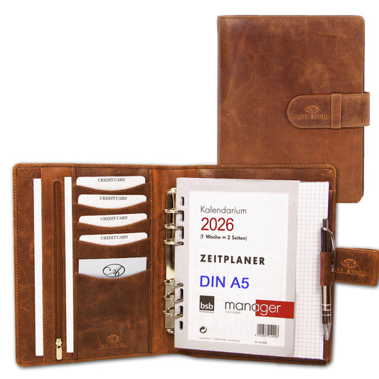 ALMADIH Leather A5 Planner with Ring Mechanism Calendar 2025 2026 Writing Pad Premium Cowhide Brown Deluxe Leather Folder Folder Writing Portfolio Organizer Appointment Calendar Folder Ring Binder (A5-Ter-BD)