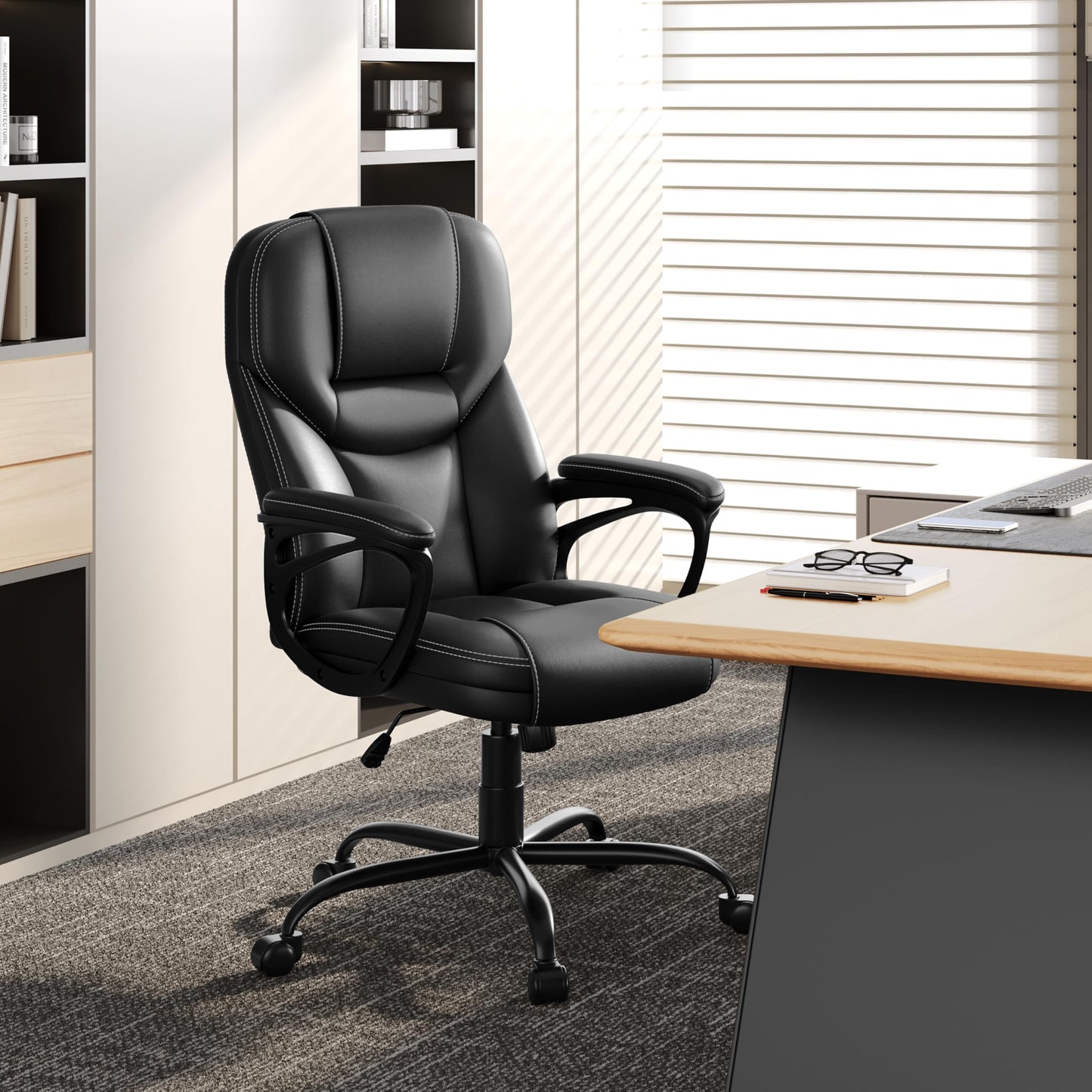 Yaheetech ergonomic executive chair, high back desk chair, computer chair, swivel office chair with padding, adjustable height, black PU leather.