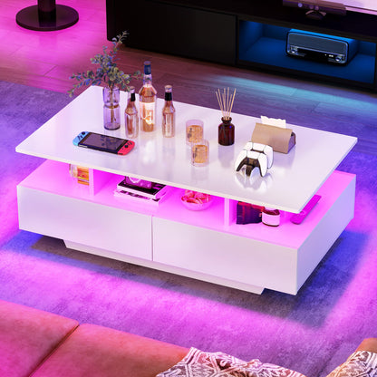 YITAHOME Coffee Table White, Living Room Table with 16-Color LED Lighting Modern, White Side Table with Open Display Shelf and 4 Extendable Drawers 90x55x41.1 cm