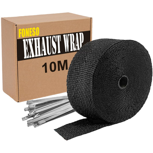 10M Exhaust Heat Wrap, Foneso exhaust wrap, Heat Shield Exhaust Wrap, Black Exhaust Heat Wrap with 10 Stainless Steel Zip Ties, for Motorcycle Headers Thermo Wrap Header Wrap