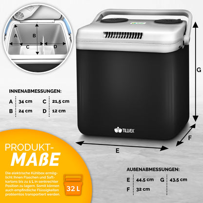 tillvex Electric Cooler 32L | Mini Fridge 230V and 12V for Car Camping | cools & heats | ECO mode (Charcoal)