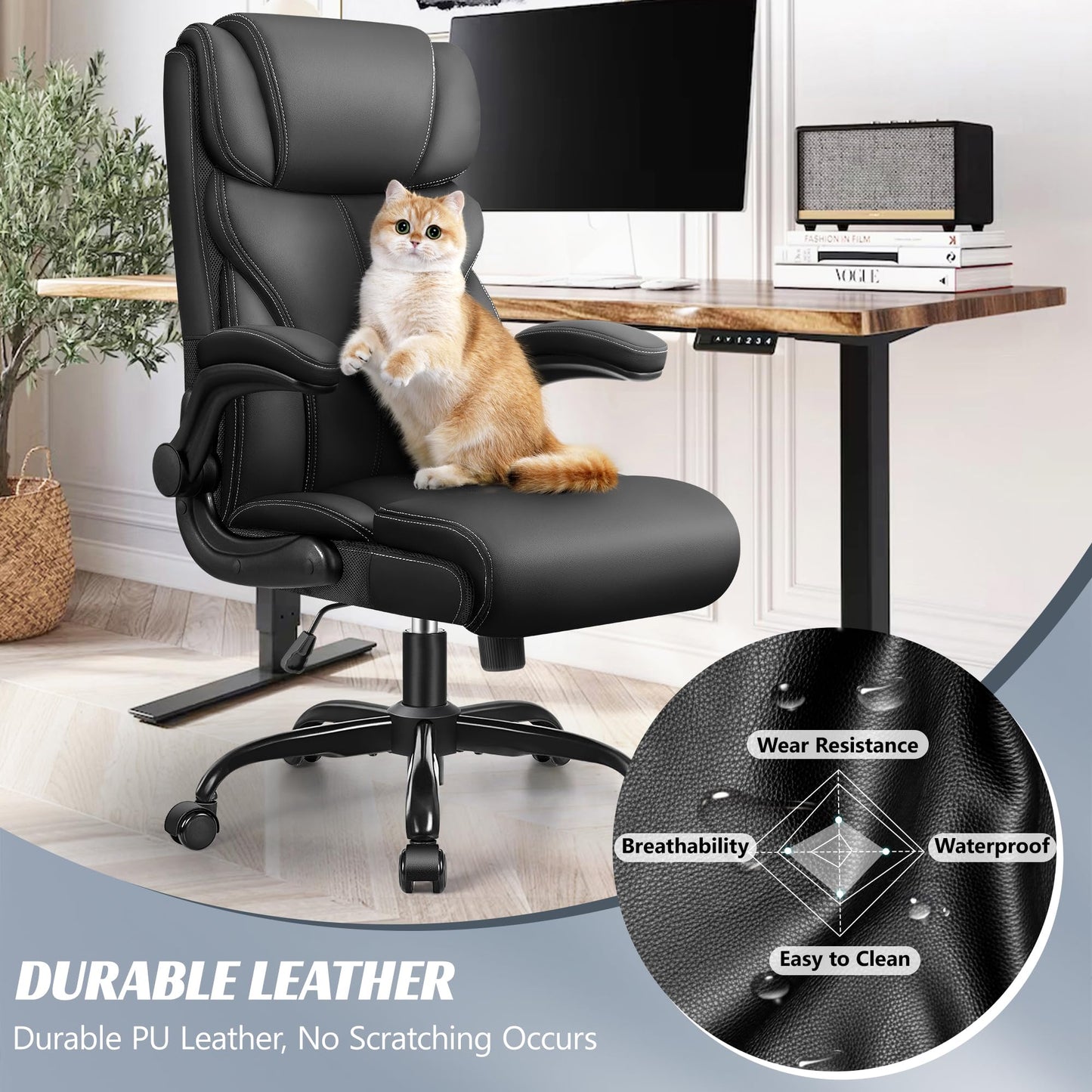 FelixKing office chair, Ergonomic Big Computer Office Chair, Executive Chair, Adjustable High Back Flip Armrests, Lumbar Support Swivel Computer Chair with Rocking (Matte Black)