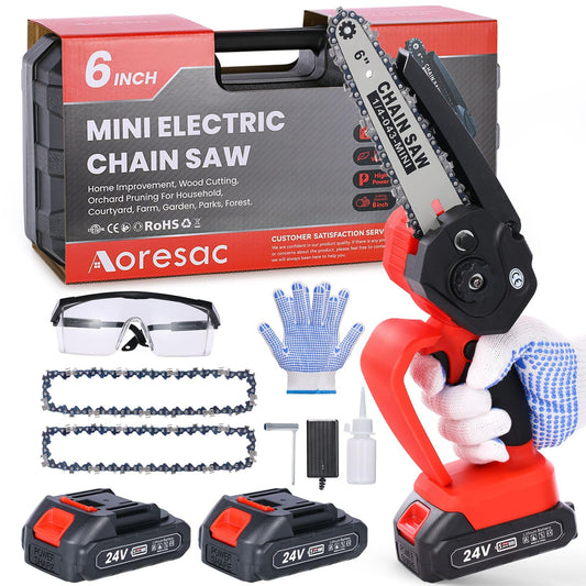 6 inch Mini Chainsaw with Battery, Aoresac Battery chainsaw with 2 Batteries and Chains, 800W Safety Button One-Hand Chainsaw for Hand Chainsaw for Cutting Branches and Garden
