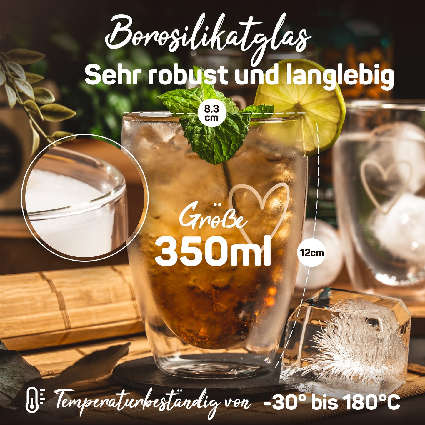 ElbFuchs® Latte Macchiato glasses double-walled [4x 350ml] GIFT IDEA with HEART | Crystal clear thermal glasses double-walled | Ideal for cappuccino glasses | Coffee glasses | Tea glasses