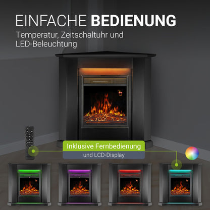 Juskys Electric Fireplace 1000/2000 W with heating, fireplace, flame effect, remote control, LED lighting & timer - Electric Corner Fireplace in black.