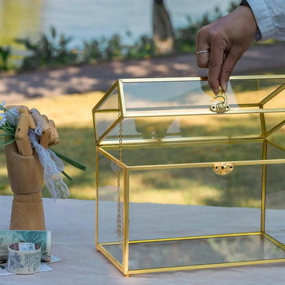 NCYP 25x14.2x19.6 cm Gold Glass Card Box, Handcrafted Brass Vintage Rectangular Shape with Base for Wedding Entries, Souvenirs, Tabletop Display (glass box only)