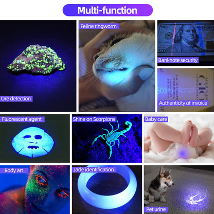 DARKDAWN UV flashlights 365nm and 395nm light USB rechargeable, ultraviolet LED blacklight woods lamp, mini detector for pet urine, stains, uranium glass, amber, resin curing, 2 pieces.