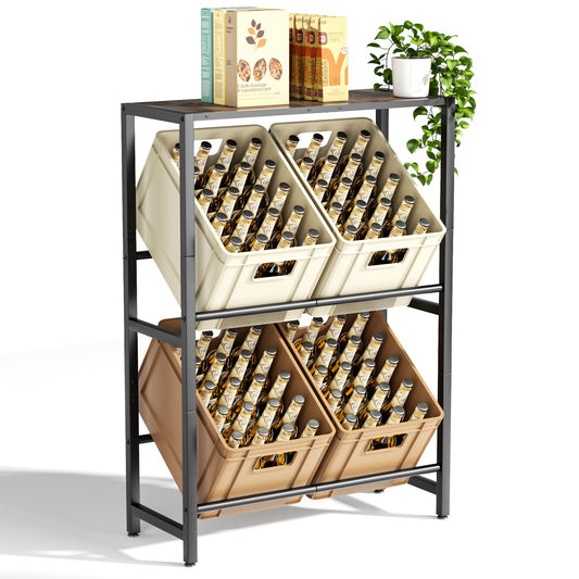 PickPiff 4 Crates Beverage Crate Rack with Shelf - Black Metal Drink Rack, Space-saving Crate Rack with 2 Levels for Beer, Fruit, Vegetables, Water - For Living Room, Kitchen & Basement, 4 Boxes