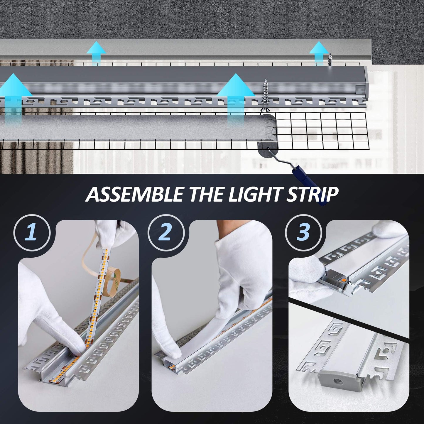 10x LED drywall profile 2M for 20mm LED strips - Aluminum flush-mounted profile for drywall, compatible with Philips Hue & Groove, ceiling wall indirect lighting (LED Drywall Profile -2M, 10)