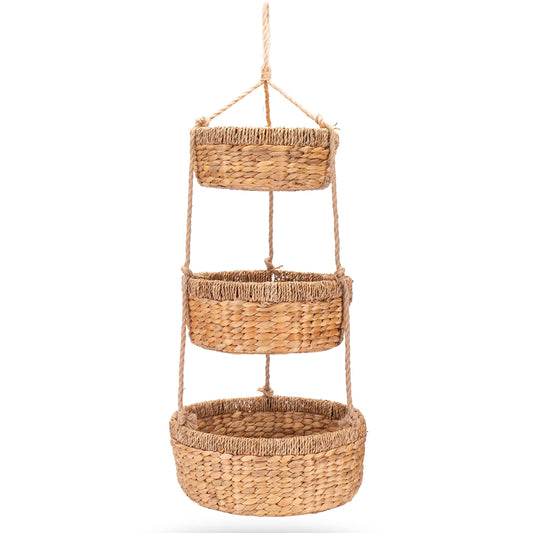 Decorasian hanging fruit basket, Large XXL tiered stand with 3 baskets made of water hyacinth - fruit rack for storing fruit and vegetables - hanging basket