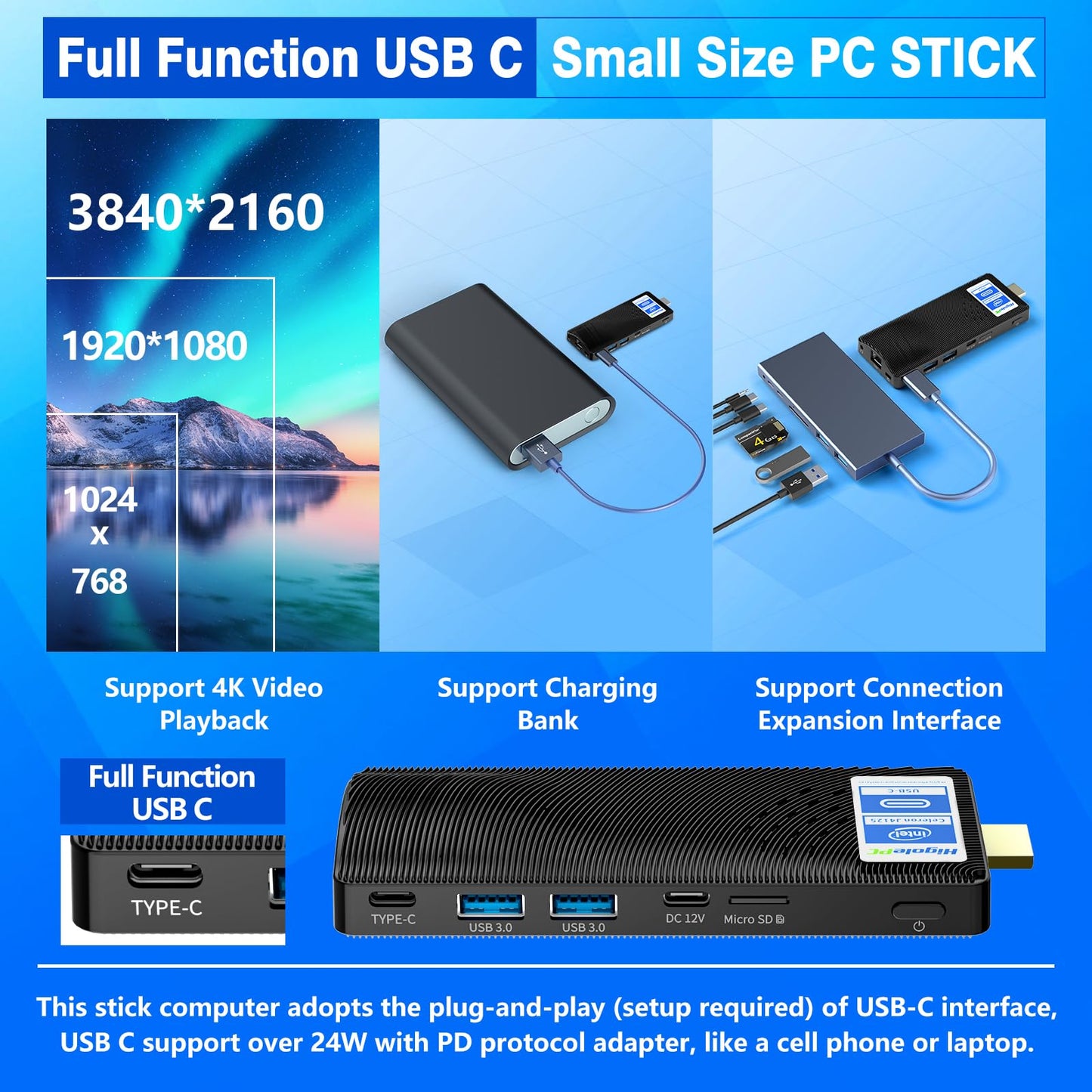 HEIGAOLAPC PC Stick Win 11 Pro, Celeron J4125 8GB DDR4 RAM 128GB eMMC Fanless Mini Computer, Dual WiFi 5.0/BT5.2/4K 60Hz/USB PD3.0 Business Office Industrial IOT Media Home Micro PC