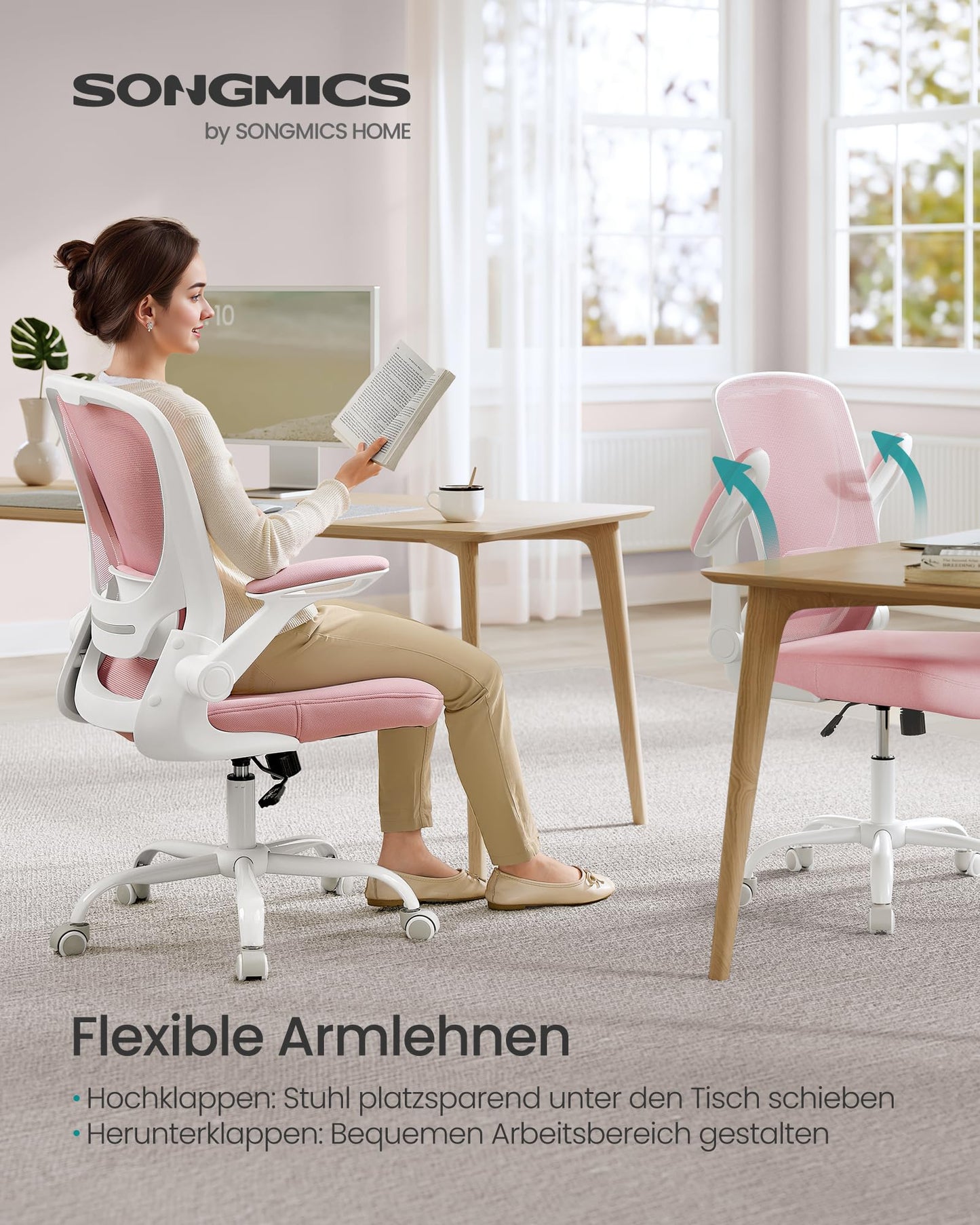 SONGMICS Office Chair, Desk Chair, ergonomic backrest, adjustable height, foldable armrests, swivel chair, up to 120 kg load capacity, pastel pink OBN037R01