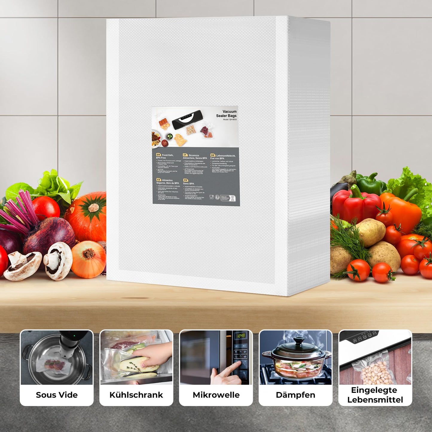 Vacuum bags 100 bags 28x40cm, professional vacuum sealing film bags for vacuum sealers & food storage & sous vide suitable, freezer bags BPA-free & tear-resistant.