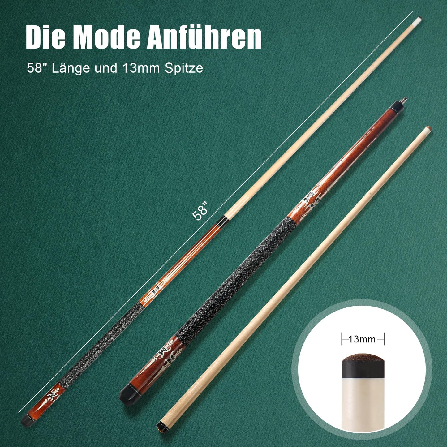 ASMPCUE Pool Cue, 58 Inch Billiard Cue Canadian Maple Wood Pool Cue 13mm Tips for Professional Billiard Players, 1/2 Maple Cue Sticks for Billiard Table Sport (Brown)