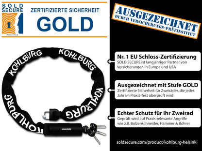 KOHLBURG Security Chain Lock - Lock 125cm long with 8.3mm thick 4-sided chain made of hardened special steel - secure bike lock with 4 keys for e-bikes, bicycles & motorcycles.