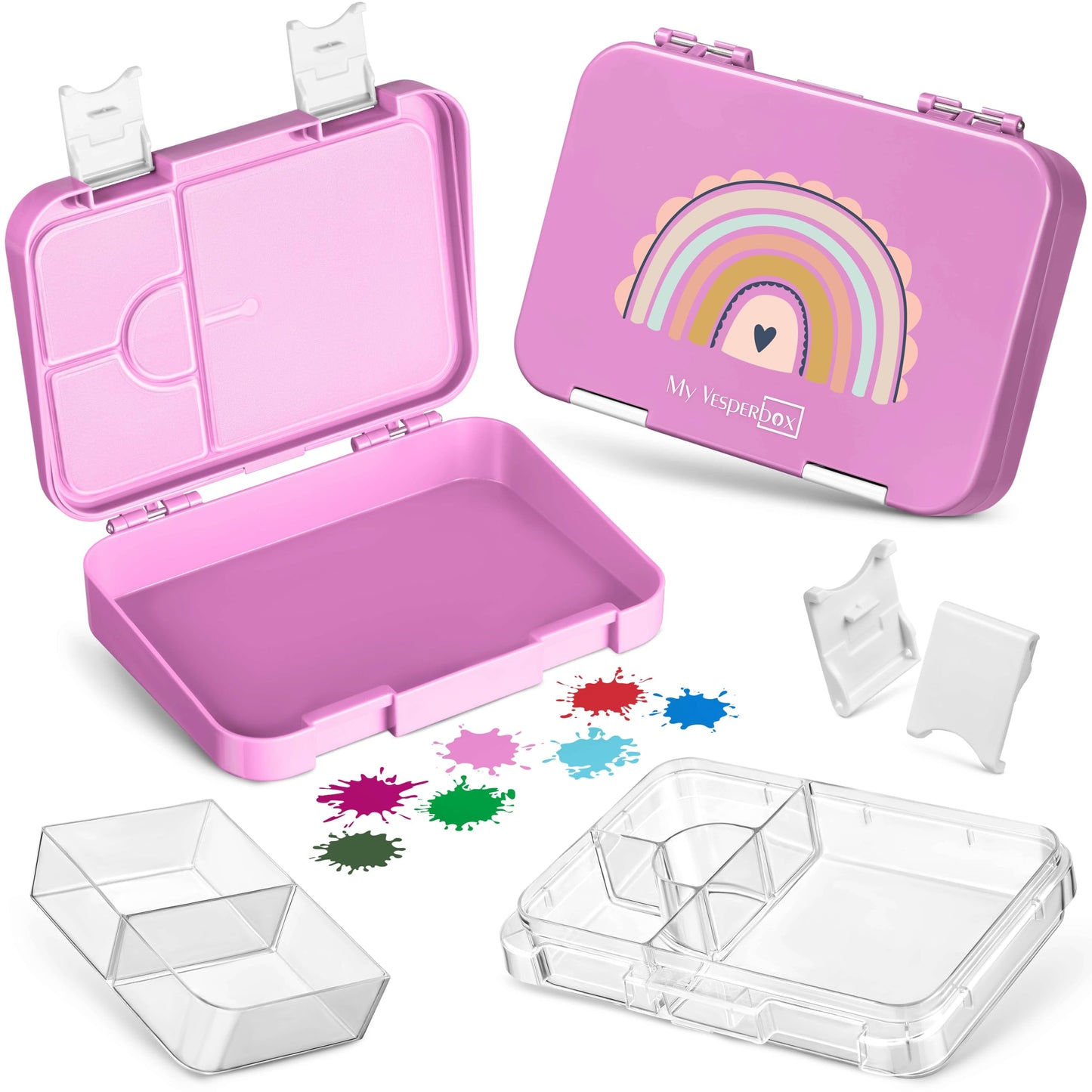 My Vesperbox - Len - Bento Box Kids - Lunchbox with 4+2 compartments - extremely sturdy - sandwich box - ideal for kindergarten and school... (Pink - Rainbow)