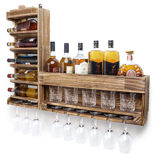 Yorbay Wine Rack Pallet Flamed Wood, Wall Bar with Cork Holder, for Wine Glasses, Whiskey Glasses, Bottle Holder Home Bar, Vintage, Gift (Regular without LED)