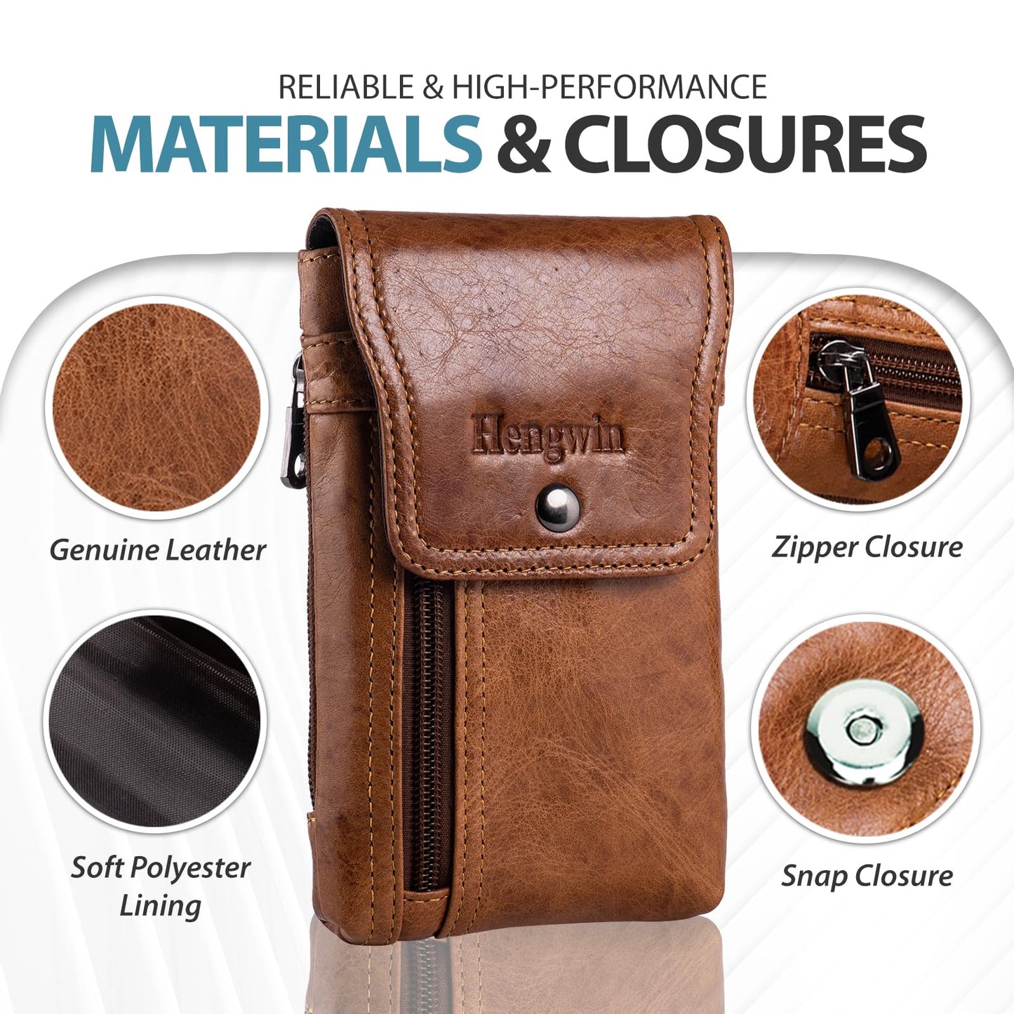 Hengwin Men's Cowhide Dual Phone Belt Pouch with Zipper Pocket, Leather Phone Holster Case for iPhone 16 15 14 Pro Max, Samsung S25 S24 Ultra Smartphone Smaller than 17.78 cm, XL (Brown)