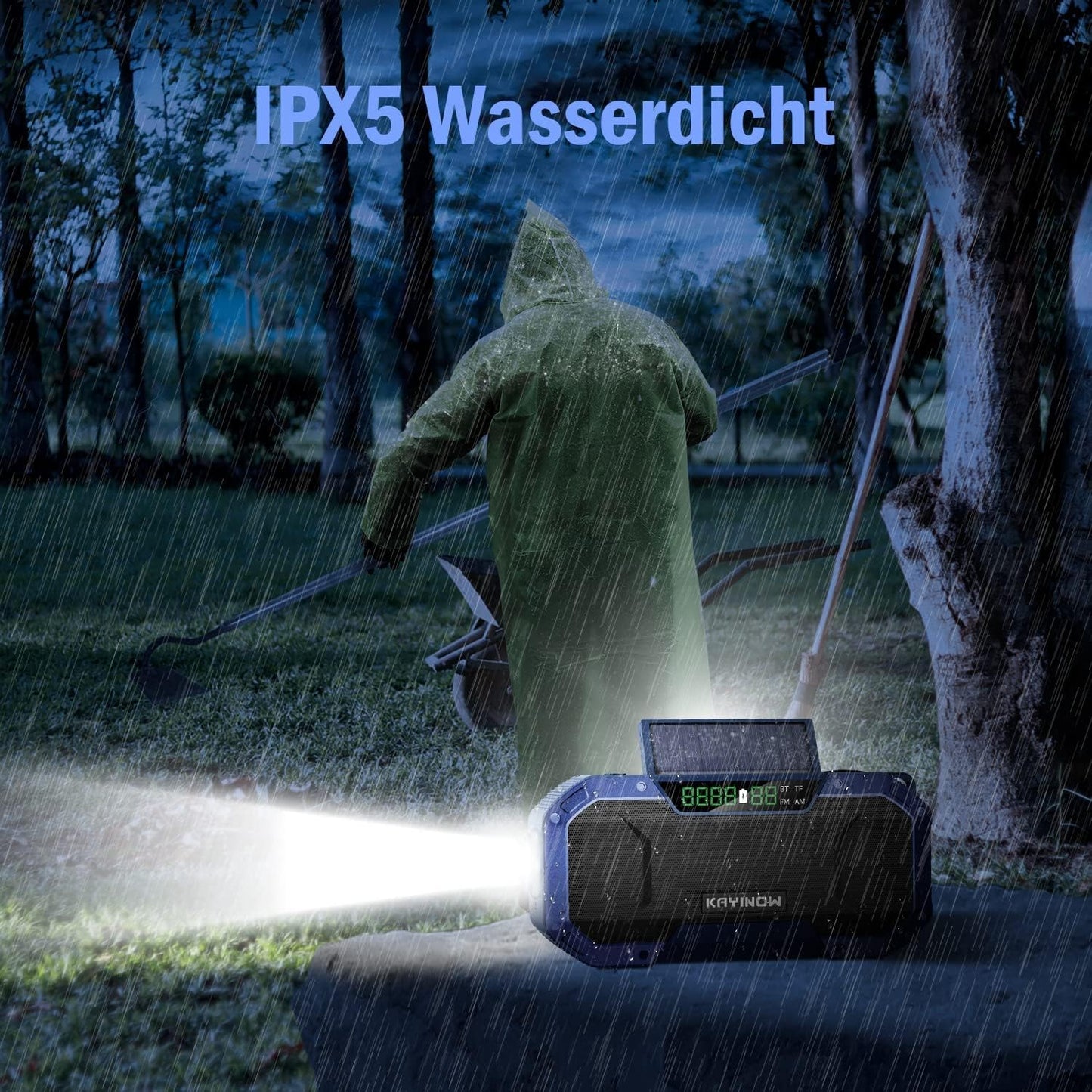 Solar crank radio with Bluetooth speaker, phone charging function, and bike mount. IPX5 waterproof and portable. Emergency AM/FM radio with 5000mAh battery. Perfect for camping and outdoor activities with built-in flashlight and SOS feature.