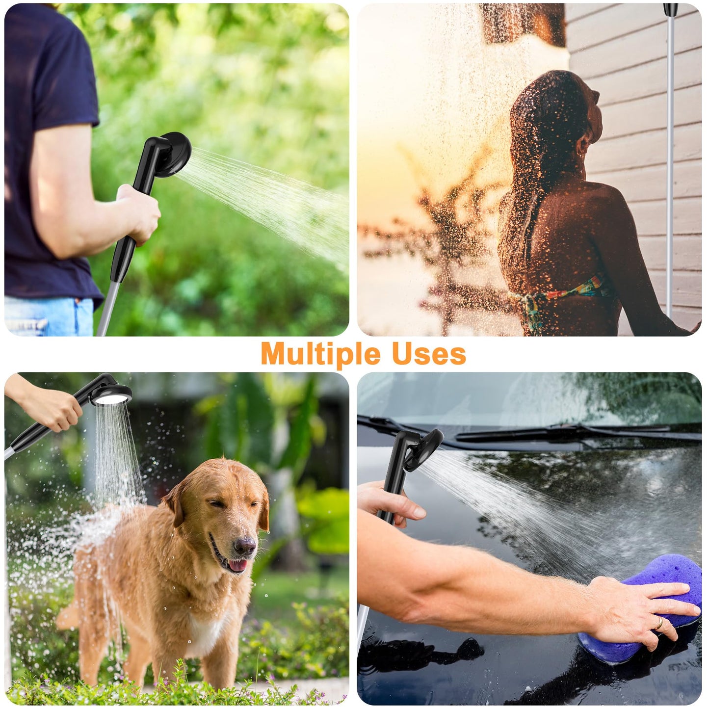 Forever Speed portable camping shower with 4000mAh battery, pump, temperature display and electricity display. Outdoor camping shower set with 2M hose for garden, car washing, beach, travel.