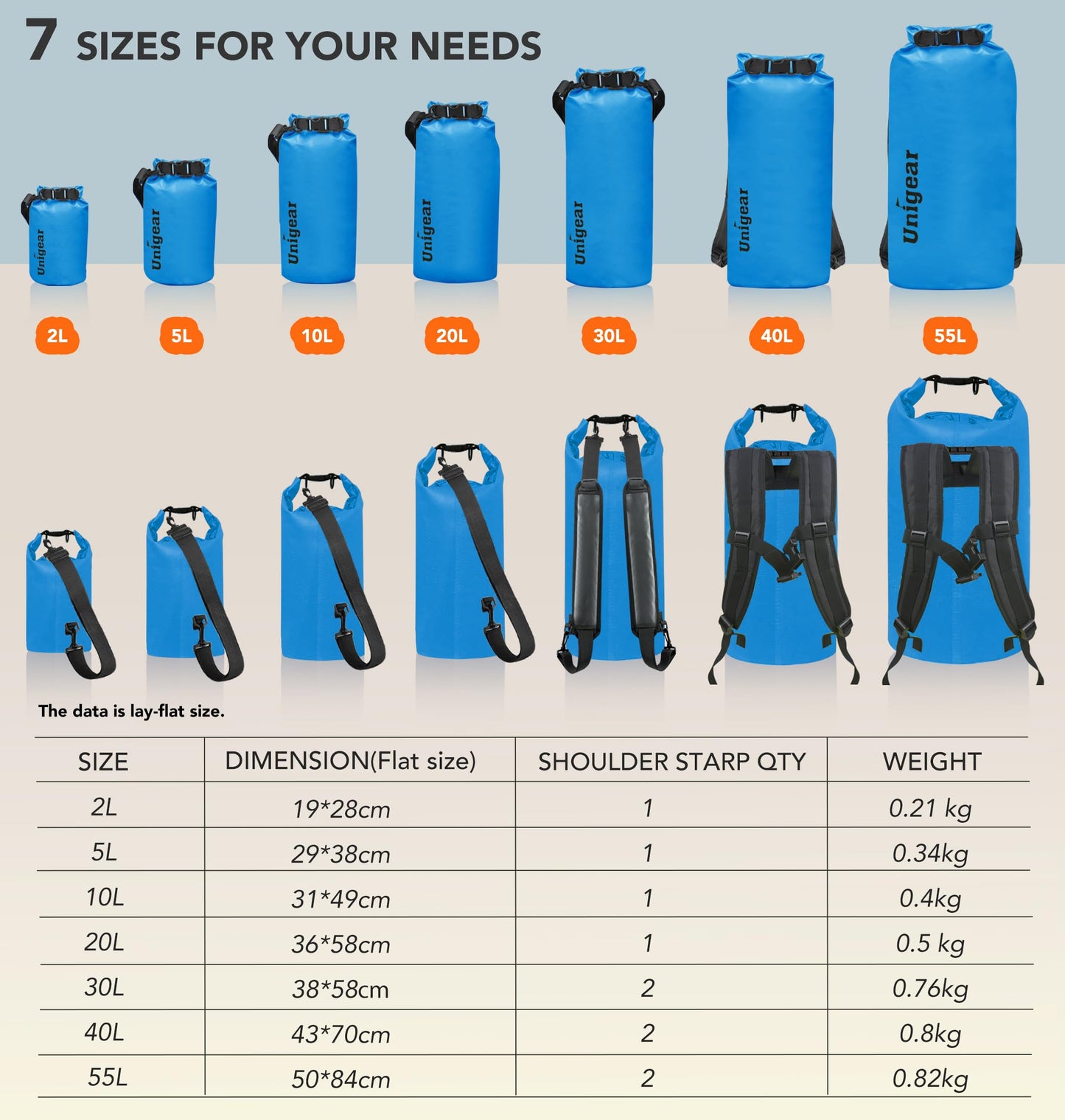 Unigear Dry Bag, 2L/5L/10L/20L/30L/40L/55L, waterproof bag waterproof bags dry sack with phone case and straps for boat and kayak, fishing, rafting, swimming, camping, and snowboarding.