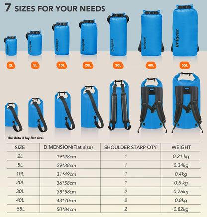Unigear Dry Bag, 2L/5L/10L/20L/30L/40L/55L, waterproof bag waterproof bags dry sack with phone case and straps for boat and kayak, fishing, rafting, swimming, camping, and snowboarding.