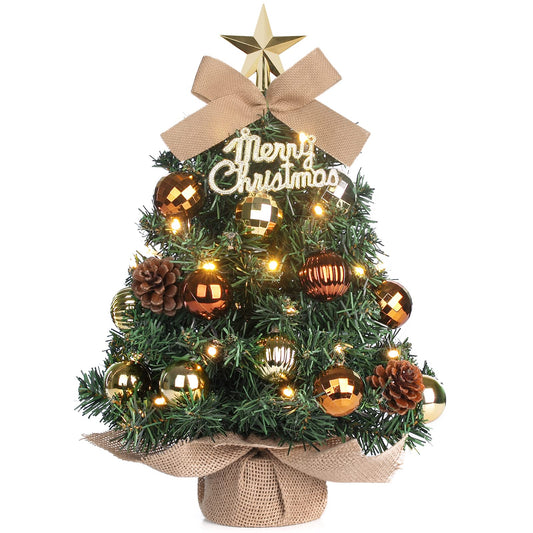 Mini Christmas Tree Small Christmas tree with LED lighting table Christmas tree small artificial decorated for Christmas decoration 40cm (Brown with Gold)