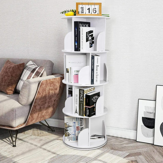 YGYQZ Rotary Bookshelf for Home with High-Density Tall Bookcase. Modern 360° Rotating Storage Display Rack with Baffle for Bedroom, Living Room, Study, or Office. White, 4 Tier Floor Standing Shelves.