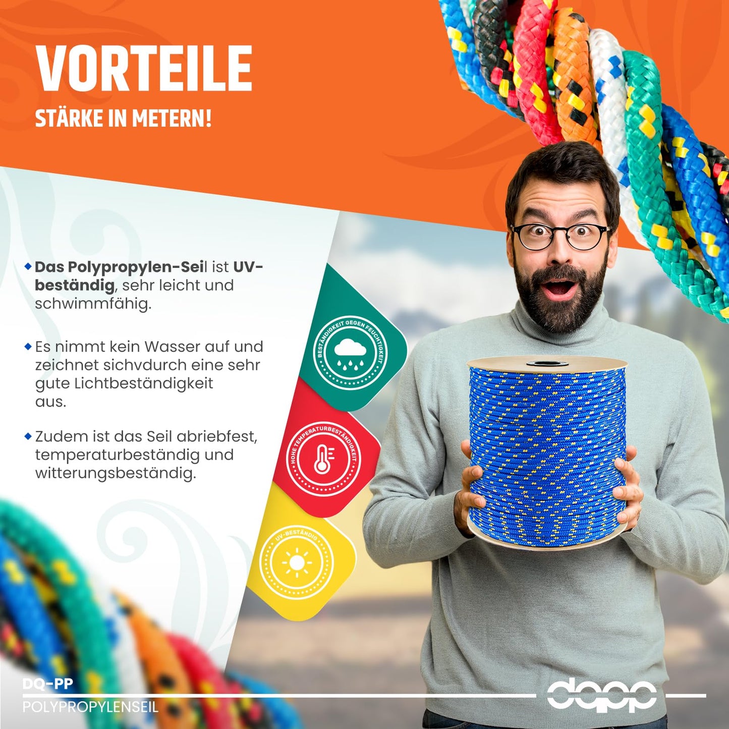 100m yellow 8mm polypropylene rope with a load capacity of up to 750kg. Braided textile cord made of plastic for various uses.