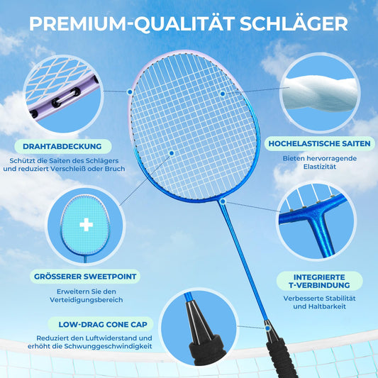 HIRALIY Badminton racket set for outdoor games, lightweight shuttlecock 4-piece set for kids & adults & beginners, includes 4 rackets, 12 nylon shuttlecocks, 4 replacement grip tapes, 1 carrying bag