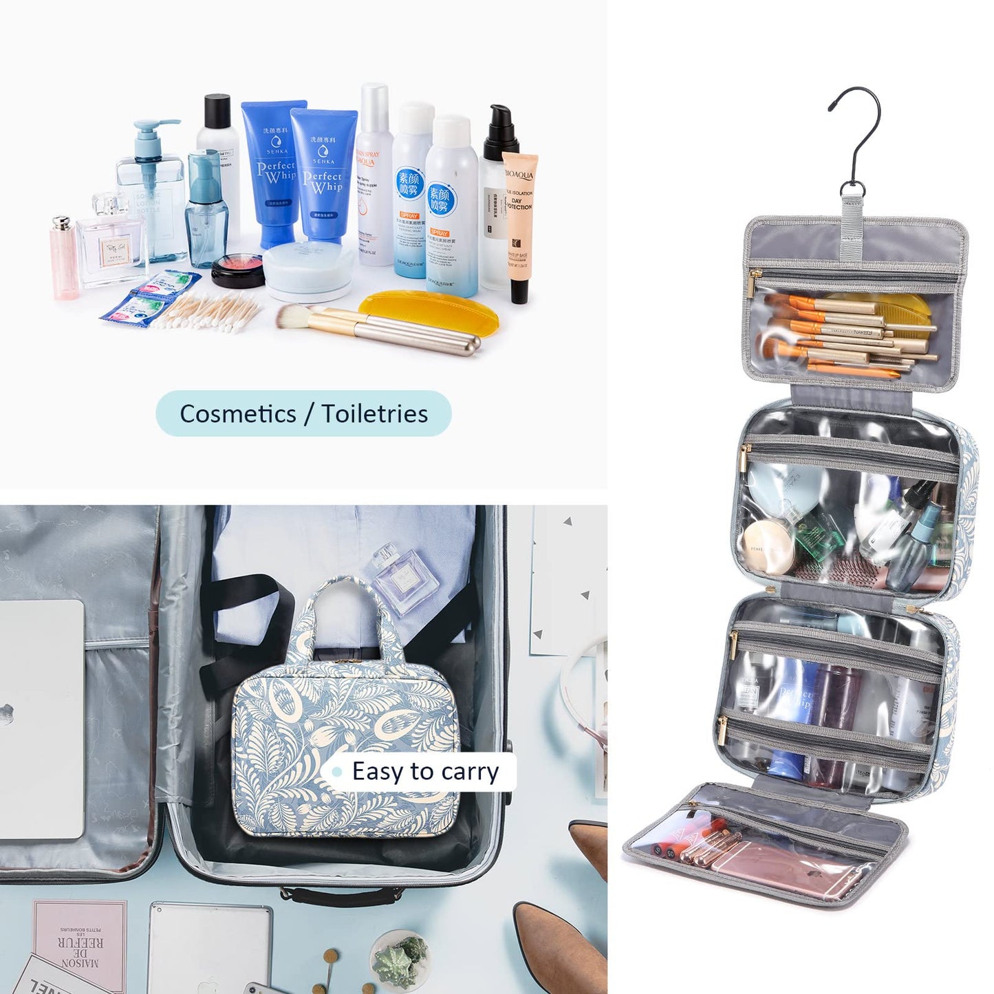 LOVEVOOK Toiletry Bag for Women, Waterproof Hanging Toiletry Bag, Foldable Cosmetic Bag Large with 360° Rotating Hook Blue Leaves.