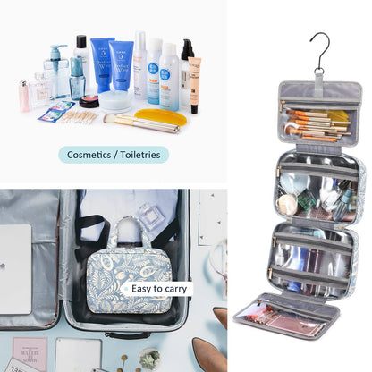 LOVEVOOK Toiletry Bag for Women, Waterproof Hanging Toiletry Bag, Foldable Cosmetic Bag Large with 360° Rotating Hook Blue Leaves.