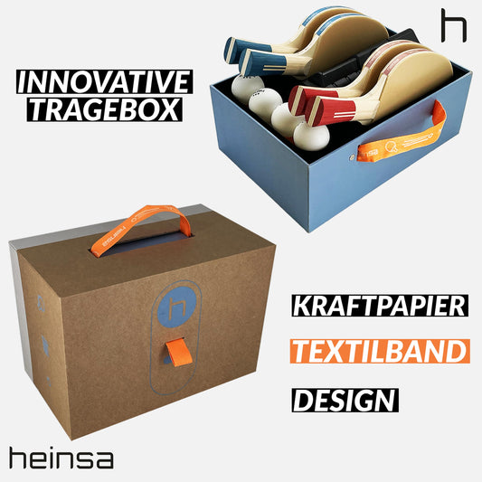 The Heinsa table tennis racket box comes with 4 rackets in blue and red, 8 table tennis balls, 1 net, and an innovative carrying case for families!