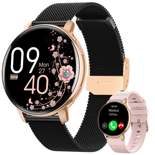 HASAKEI smartwatch for women, 1.39" HD touchscreen round ladies watch with phone function/menstrual cycle, 24H heart rate/SpO2/sleep monitor, waterproof IP68 pedometer Android iOS rose gold black.