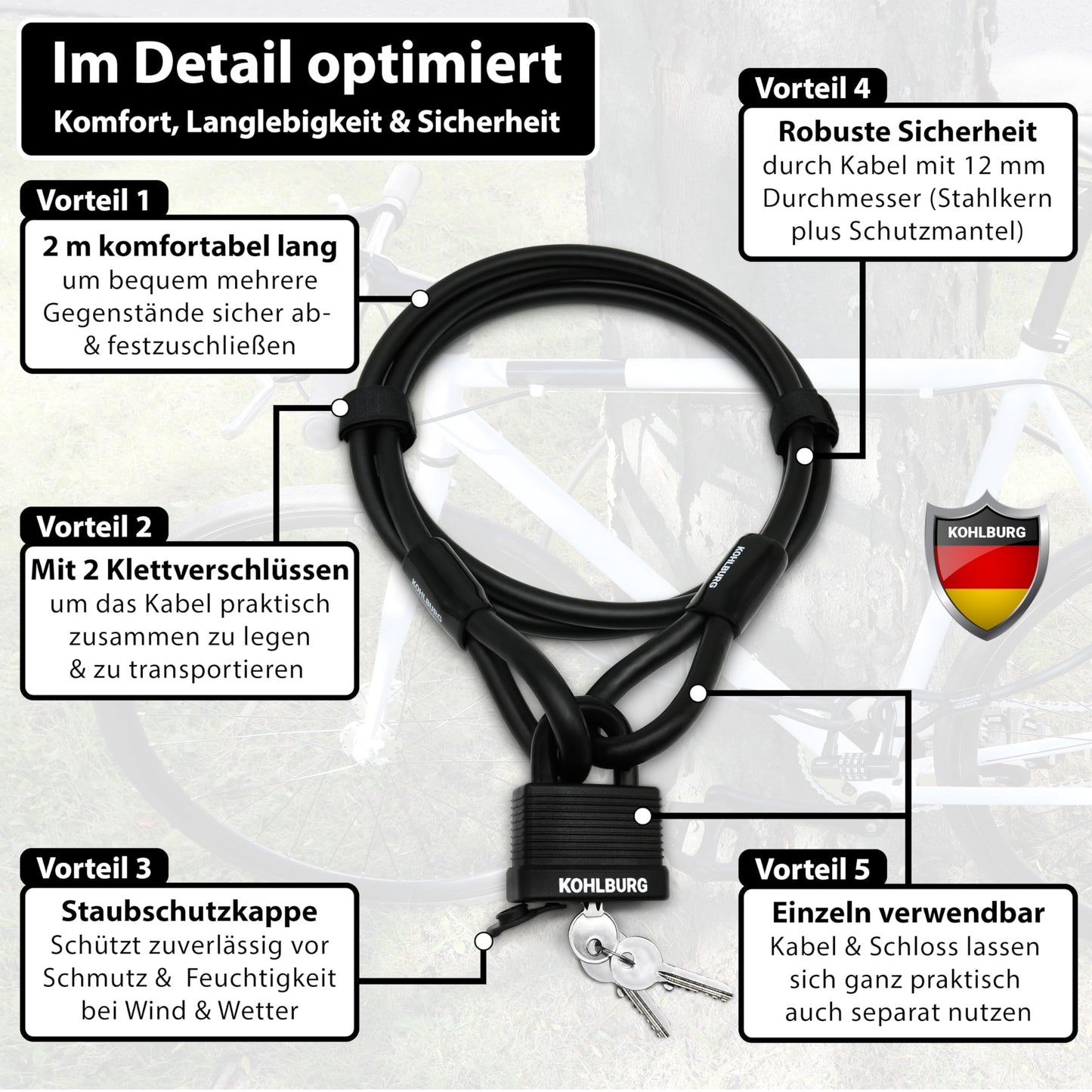 Kohlburg cable lock 2 meters long - lock with key easy to close - 2m loop cable for bike & garden furniture - steel cable 200 cm as bike lock, trailer & stroller