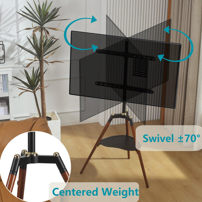 ETHU Tripod TV Stand Wooden TV Easel for 32-65 inch TVs, Height Adjustable TV Floor Stand with Media Shelf for LED/LCD Screens, TV Stand with 140° Swivel Function VESA 600x400mm