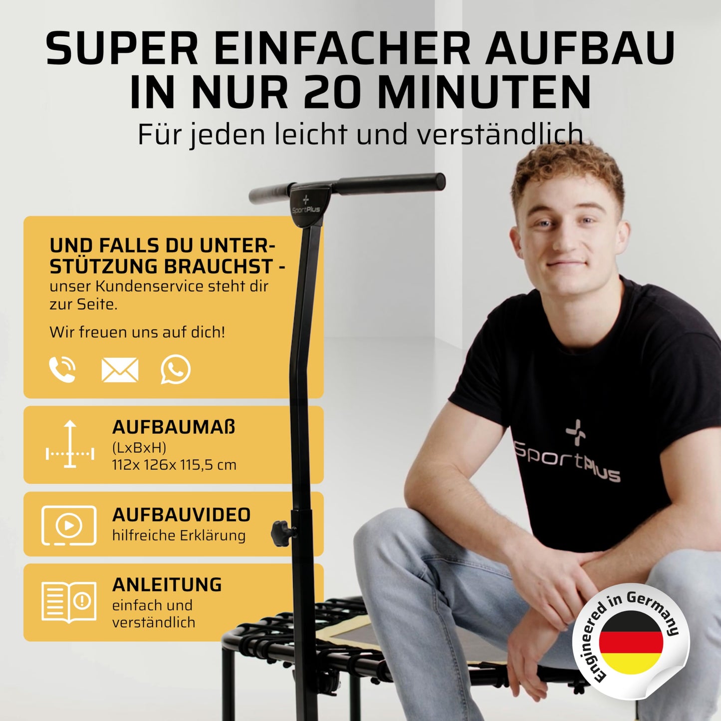 SportPlus Fitness Trampoline for home use, trampoline with adjustable handlebar, bungee suspension, workout & cardio training, premium quality Designed in Germany, 130kg capacity.