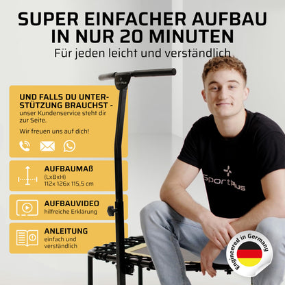 SportPlus Fitness Trampoline for home use, trampoline with adjustable handlebar, bungee suspension, workout & cardio training, premium quality Designed in Germany, 130kg capacity.