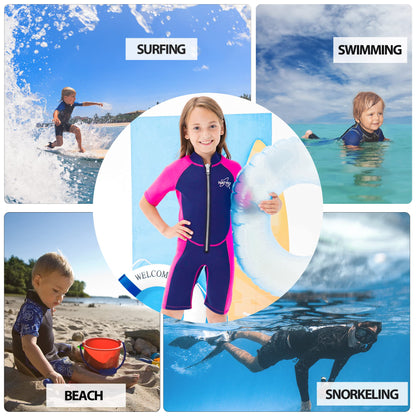 NATYFLY Kids Shorty Wetsuit 2.5mm Children's Neoprene Thermal Swimsuit UV Protection Swimsuits for Girls Boys One Piece WetSuits (Pink, 6 Years)