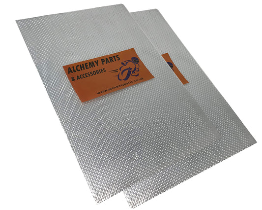 2 x self-adhesive heat shielding exhaust or engine aluminum reflective sheet 100cm x 33cm. Ideal for motorcycle fairings and cars.